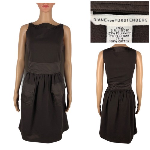 Diane Von Furstenberg Womens 2 DVF Zanne Stretch Dress Brown Pockets Sheath EUC