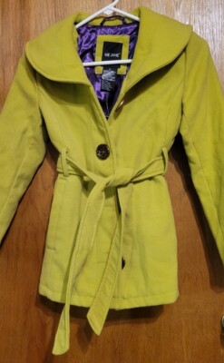 Girl's XL-16 BEAUTIFUL Lime Green Peacoat Purple Inlay w/ Belt & Pockets, New