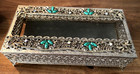 Vintage Brass Filigree Hollywood Regency Tissue Holder With Green Stones