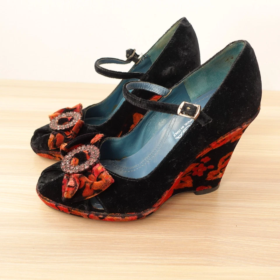 VINTAGE Rojo Floral Terciopelo Bomba Cuñas Mujer 5 M Victoriano Mary Jane VIA SPIGA Foto 2 de 4