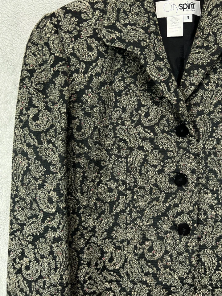 女式 4 夹克西装外套锦缎复古 City Spirit 系列挂毯黑色佩斯利 — 第 4/4 张图片