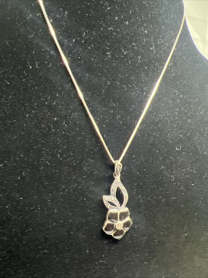 Natural Black Onyx and Marcasite  gemstone Pendant Necklace, silver 925 Flower - Image 4 of 4