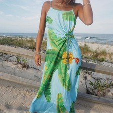 FARM Rio Blue Fresh Bananas Cut-Out Midi Dress Size L 305992