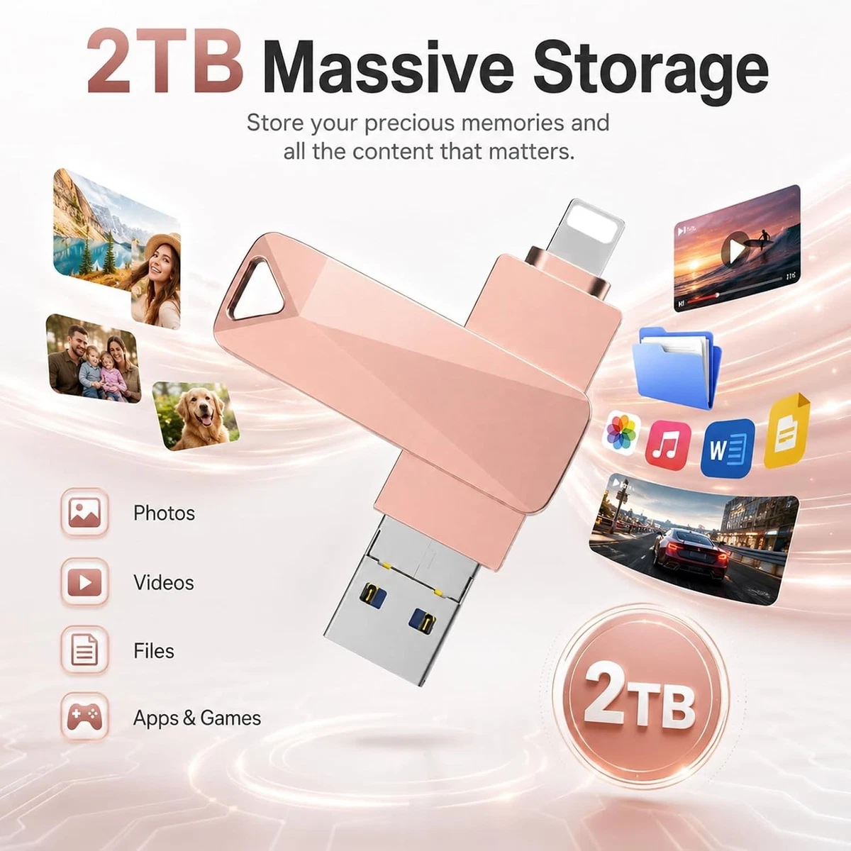 2TB 4in1 USB Flash Drive Memory Stick Storage For iPhone iPad PC Pink.