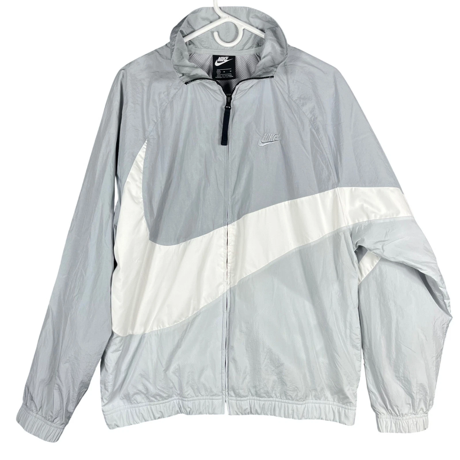 Nike Windbreaker Mens Medium Grey White Oversized Swoosh Full Zip Vintage