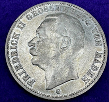 1911 G German States Baden 3 Mark Reichsmark Grand Duke Friedrich II Silver Coin