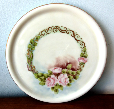 Antique Victoria Austria 6.5'' Trivet Plate Pink Roses Gold Edging