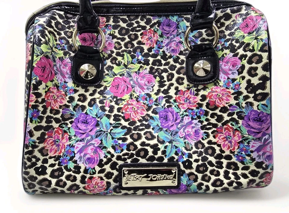 Betsey Johnson Floral Leopard Print Satchel Purse Bow Detail Patent Trim - Image 2 of 4