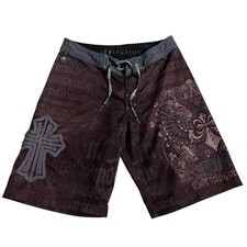 Affliction Board Shorts Men's Skull Cross Studs Wings 11" Inseam