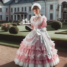 Vintage Pink White Victorian Prom Dresses Puff Sleeves Bows Tiered Evening Gowns