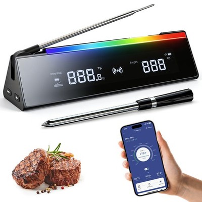 2 in 1 Wireless Meat Thermometer with 1 Wired Probe, RGB Cooking Progress Lig...