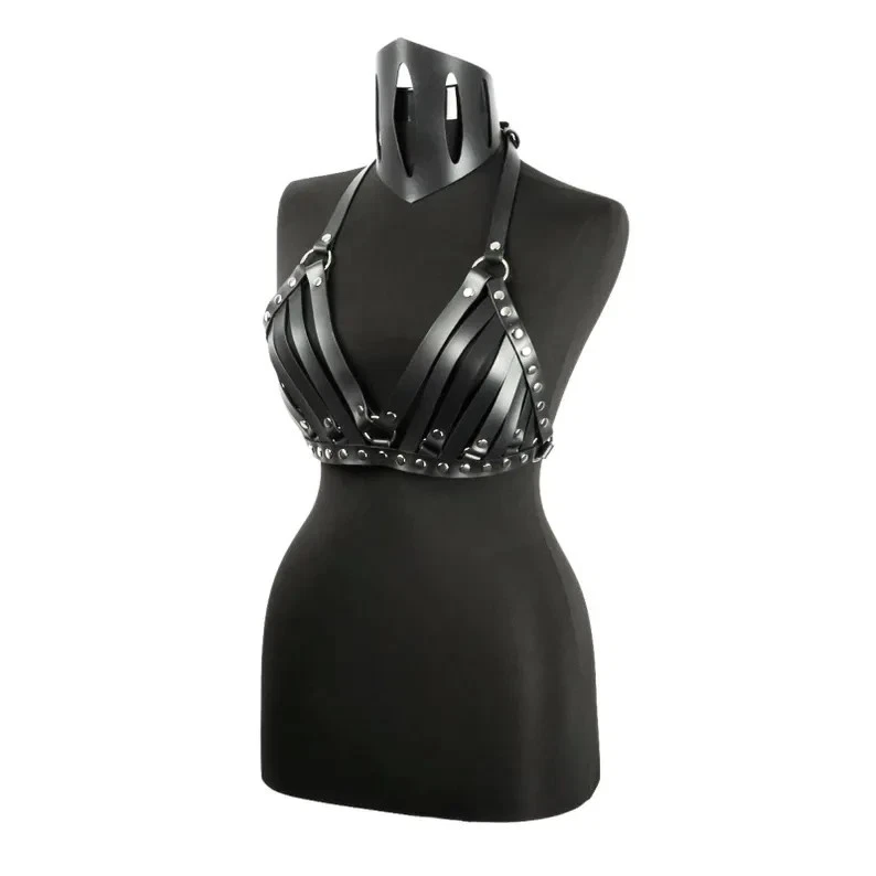 Lencería de cuero hecha a mano sujetador multitira festival gótico junta tórica metal Top Foto 3 de 4