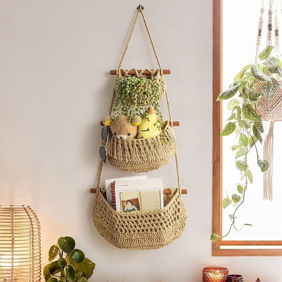 Natural Jute 3 Tier Hanging Baskets Storage Home Decor Fruit Basket Organisation image 5