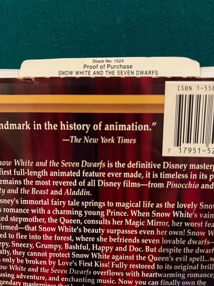 Walt Disney RARE Masterpiece Collection * Snow White VHS tape stock number 1524 - Image 3 of 4