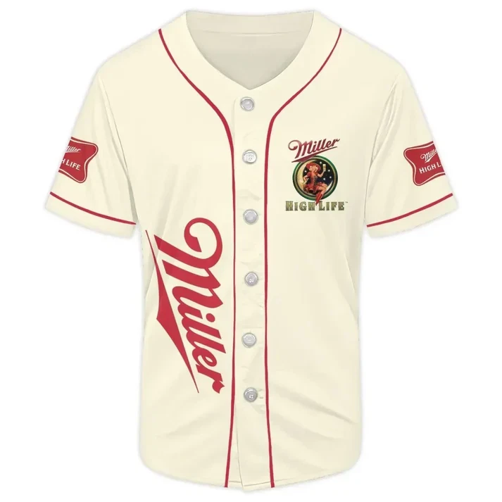 Miller Highlife Baseball Jersey Cream Button-Up Summer Beer Shirt for Unisex