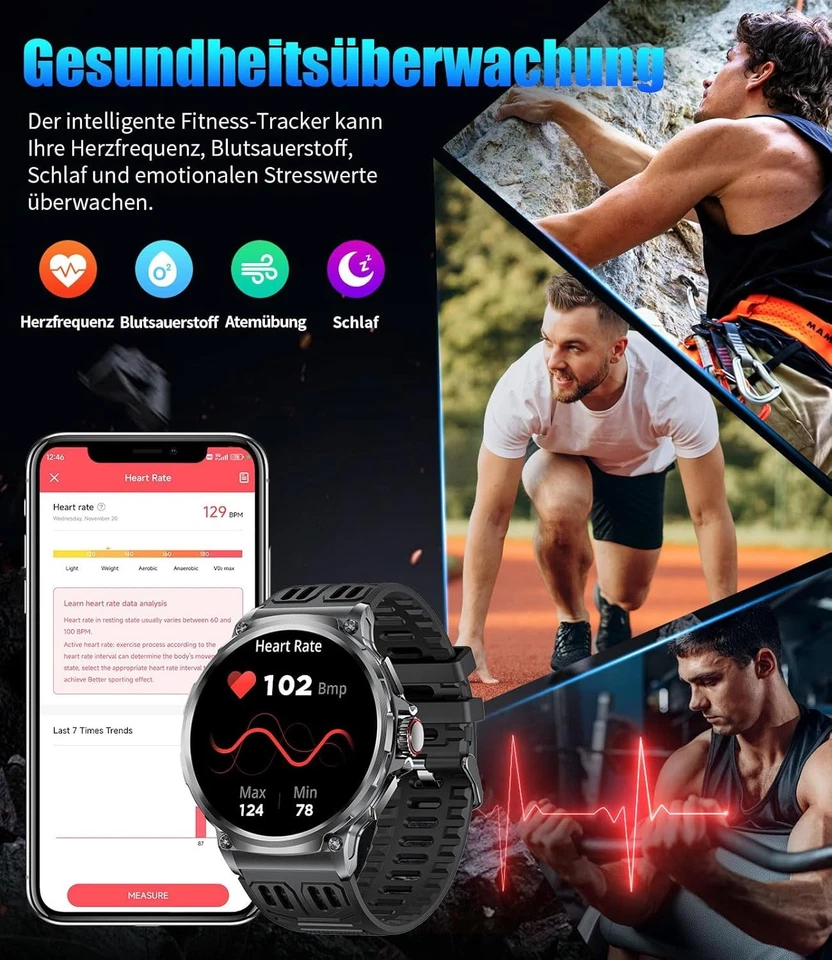 Smartwatch Herren Männer Telefonfunktion Armbanduhr für iPhone Samsung Huawei - Bild 3 von 4