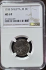 1938-D 5c Buffalo Nickel NGC MS67 High Grade Great Strike Beautiful toner rare