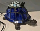 Rare Vintage Tiffany Style Blue Stained Piggyback Turtle Accent Lamp Glass