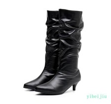 Women's Mid Calf Boots Casual Kitten Heel Pull On Slouch Leather Shoes Plus Size