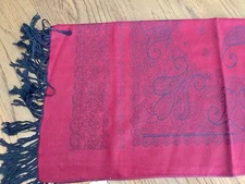 RED WITH BLACK DESIGN SCARF/SHAW - LONG - 74" X 28" - W/BLACK FRINGE - NEW W/TAG