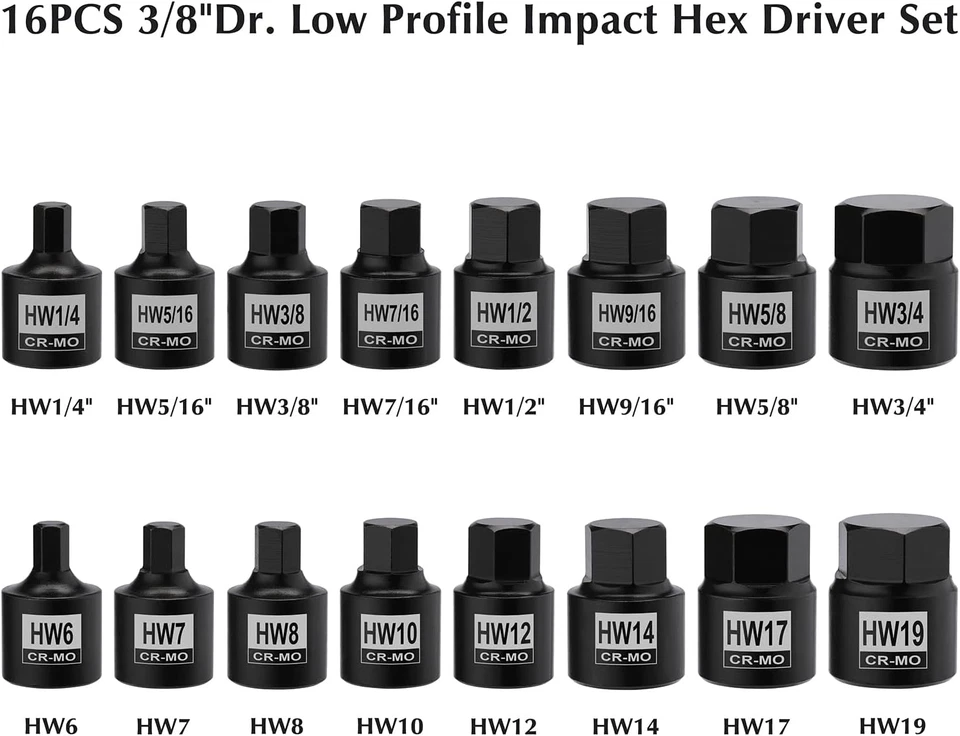 16PCS 3/8" Drive Low Profile Impact Hex Driver Set, Sae/Metric, CR-MO, 16 Pieces - Image 2 of 4