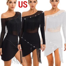 Womens Lyrical Ballroom Latin Dance Leotard Dress Oblique Shoulder Dancewear