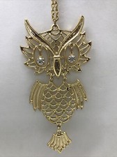Vintage Gold Tone Metal Big Owl Pendant Rhinestone Eyes Chain Statement Necklace