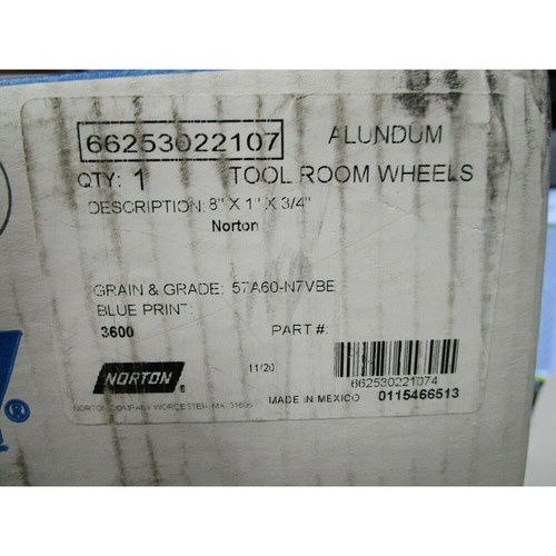 NORTON ALUNDUM TOOL ROOM GRIND WHEEL 8"X1"X3/4" 66253022107 57A60N7VBE