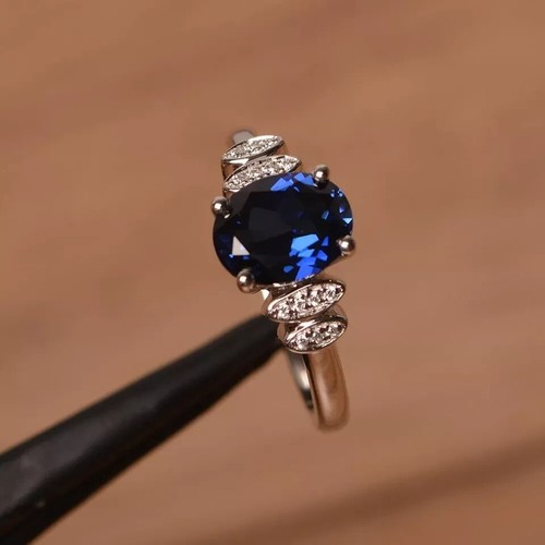 2.25Ct Oval Cut Lab-Created Blue Sapphire Engagement Ring 14K White Gold Plated - Picture 2 of 7
