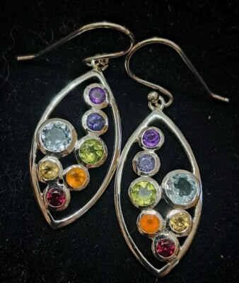 7 Chakra Stone 925 Sterling Silver Bezel Dangle Birthday Hook Earrings 10-373