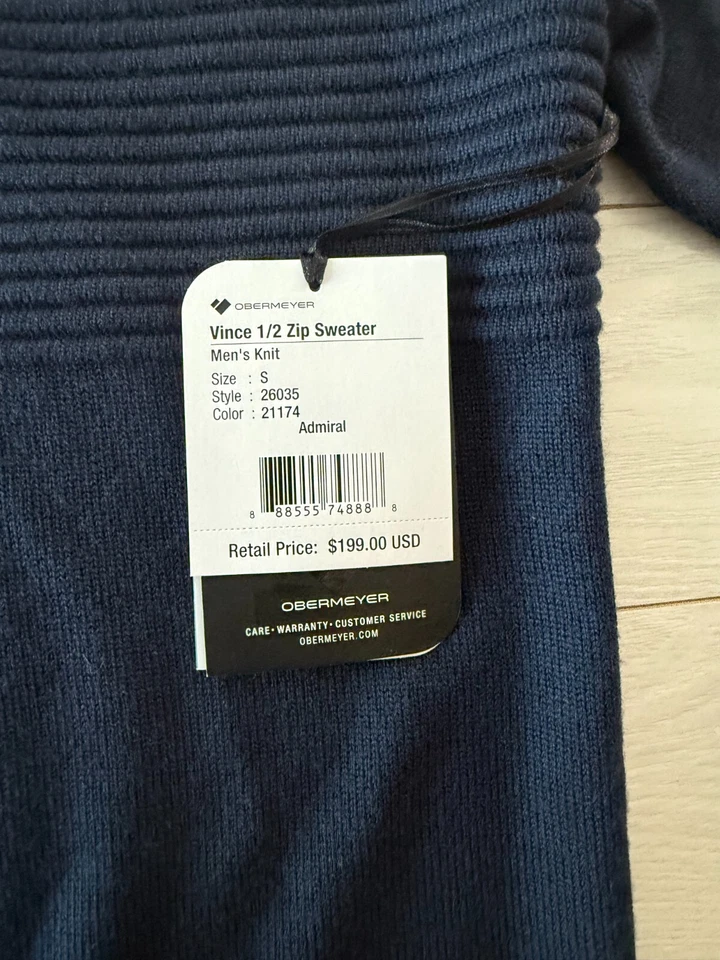 NEW! OBERMEYER Sweater ~ 1/2 Zip, Vince ~ Men's SMALL ~ Merino Wool ~ Navy - Image 4 of 4