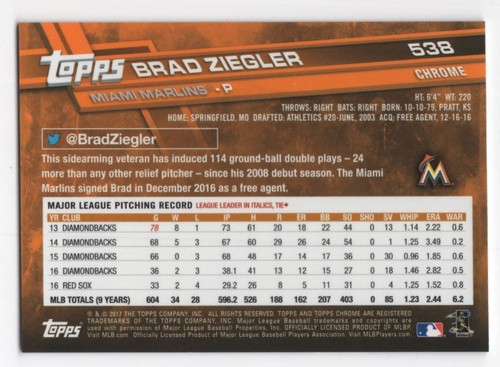 2017 Topps Chrom Saphir Edition Druckauflage 250 Brad Ziegler #538 Miami Marlins - Bild 2 von 2