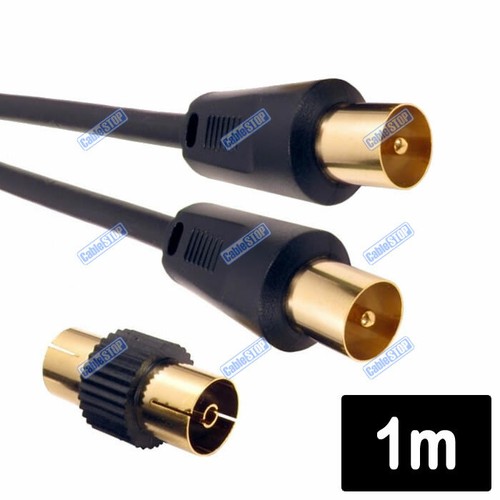1m Coax Male to Male TV Aerial Coaxial Cable with FREE Adapter BLACK
