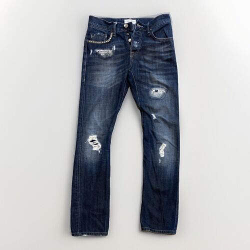 Zara Man 30x32 Men’s Studded Jeans Dark Blue Button Fly Distressed Slim Fit
