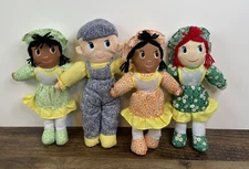 Vintage 11" Rag Doll Set Floral Dresses Boy In Overralls Hong Kong AGGLO