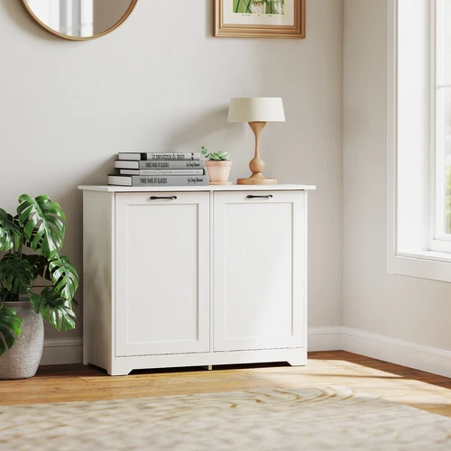 26 Gallon with Deodorizing Function Wood Double Tilt Out Trash Can Cabinet White - Picture 8 of 16