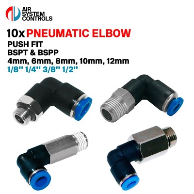 x10 - BSPT BSPP - 90 ̊ Grad schwenkbarer pneumatischer Einschubbogen - 4 mm - 12 mm - Zoll