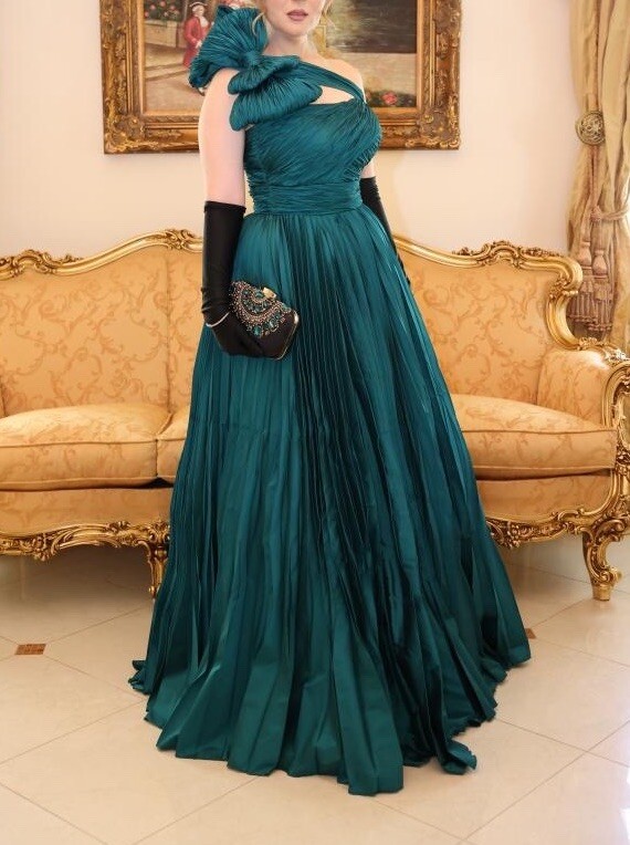 Tarik Ediz One Shouldered Draped Bow Detailed Pleated Dress/Size8/Emerald  Color | eBay
