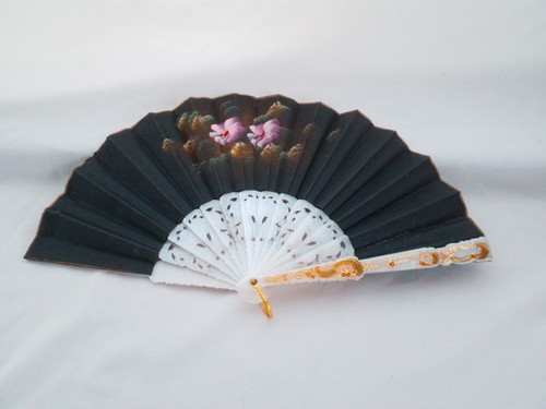 Vintage handbemalt vergoldetes Leinen klappbarer Handventilator mit viktorianischem 2-seitigem Blumenmuster - Bild 16 von 24