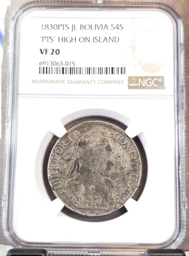 1830 PTS JL BOLIVIA SILVER 4 SOLES "PTS" HIGH ON ISLAND NGC VF 20 GREAT LOOKING