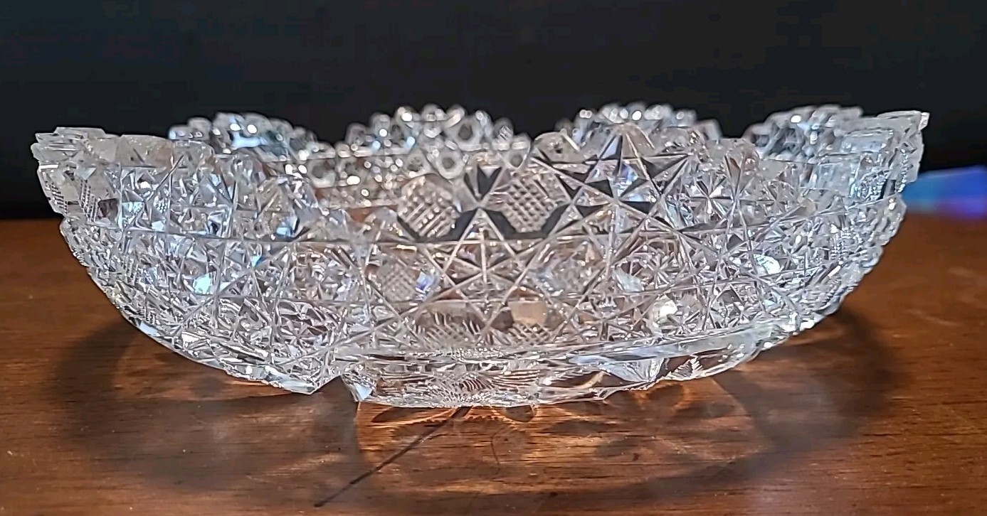 Antique American Brilliant Cut 9in Bowl 4 Leaf Floral/Flowers 3in Deep