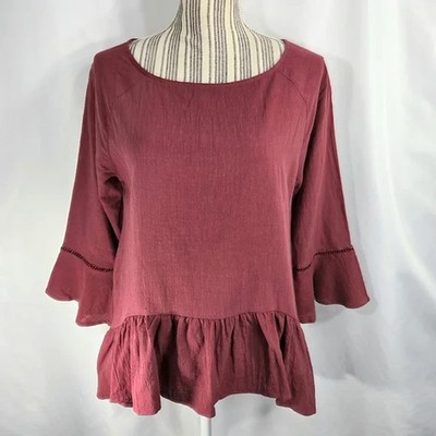 Sacred Threads NWT Red BOHO Bell Sleeve Ladder Lace Accent Ruffle Hem Top OS