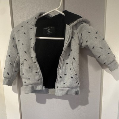 Free Planet Boys 3T Dinosaur Fleece Jacket Gray Black Hooded Full Zip