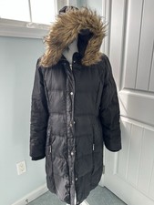 Michael Kors Black Puffer Jacket Quilted Hooded Faux Fur L Zip Snap Pockets