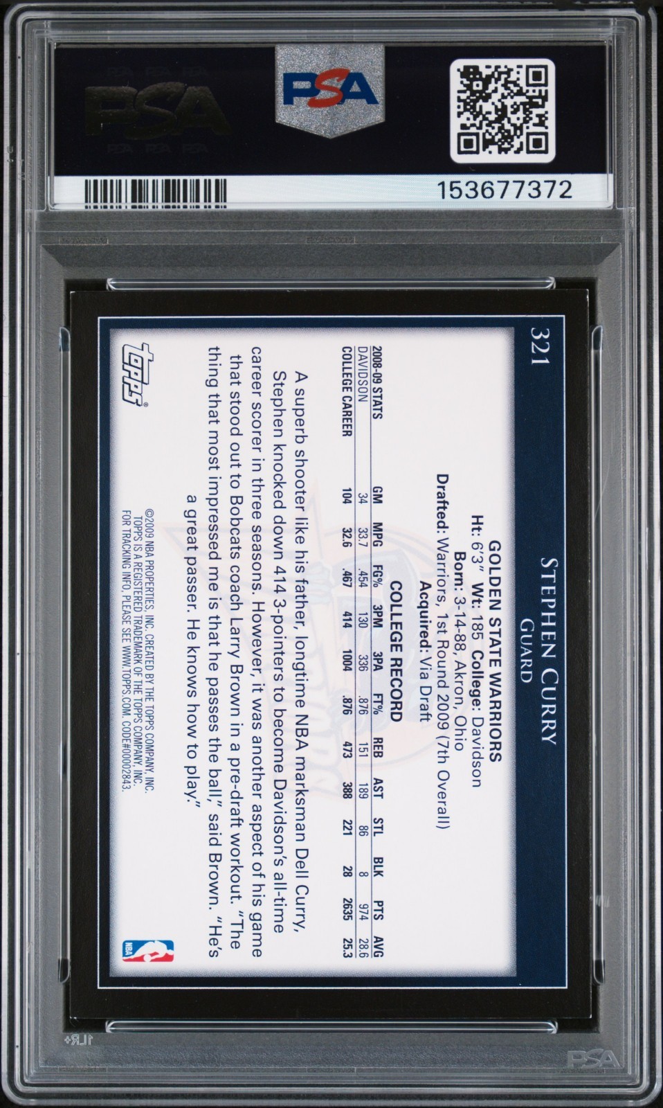 2009 Topps #321 Stephen Curry Rookie PSA 6 EX-MT Excellent Mint view 2