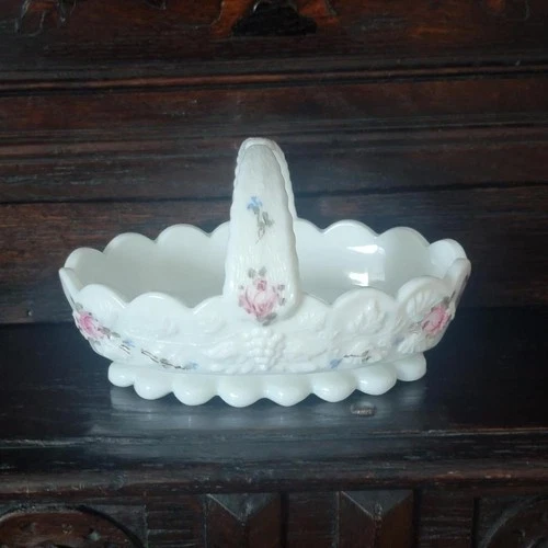 Vintage Westmoreland Milk Glass Roses Bows Paneled Grape Split Handle Basket