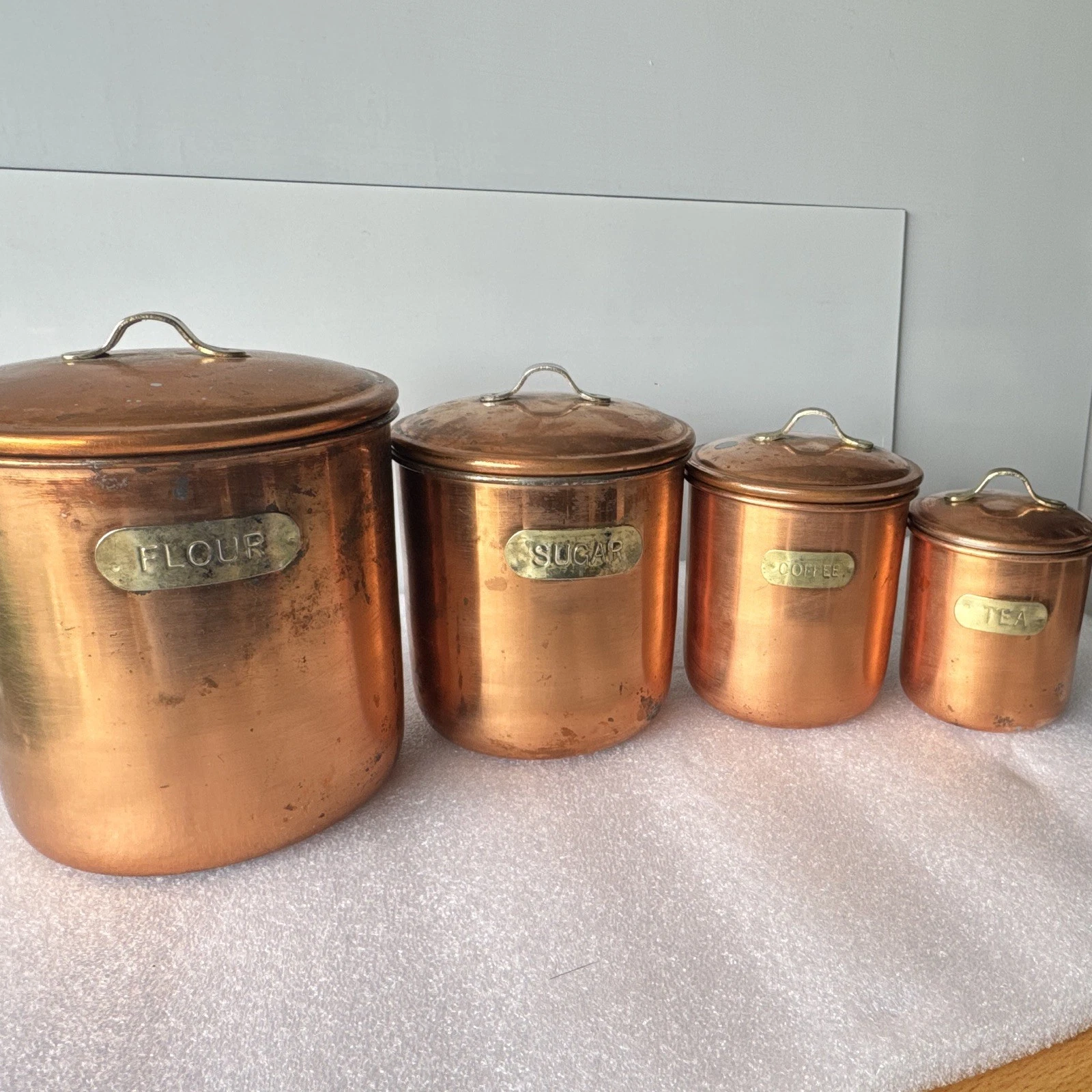 Copper Tone 4pc Canister Set w/ Lids Handles, Stainless Steel Lined 6.5in