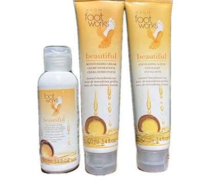 New AVON Foot Works Beautiful Toasted Macadamia Set - Scrub - Cream - Soak 3.4oz