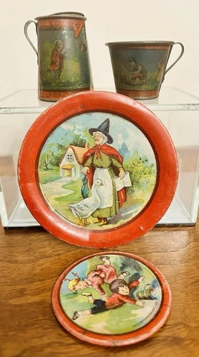 Lot of4 Ohio Art Co Nursery Rhyme Tin Toy Plates 1930s Mother Goose Jack & Jill