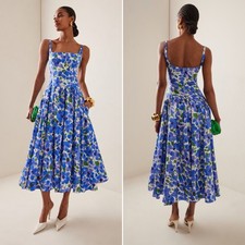 Carolina Herrera Floral Sleeveless Drop Waist A-Line Midi Dress Blue Size 4